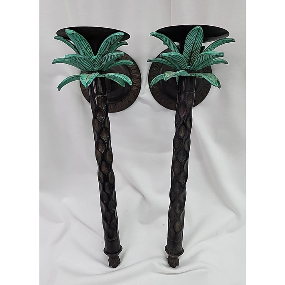 Wall Candle Sconces Pair Of 2 Brass Palm Trees Made In India 13" Good Condition